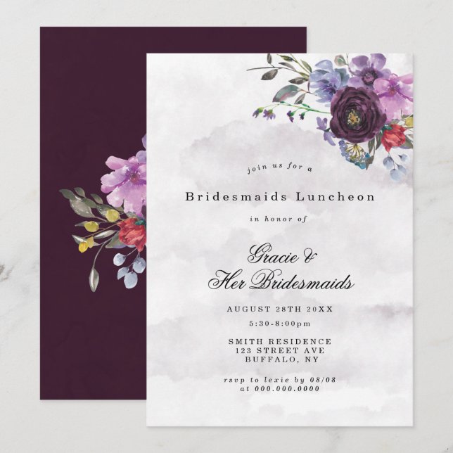 Moda violeta de plumas Peony Bridesmaids Invitació (Anverso / Reverso)