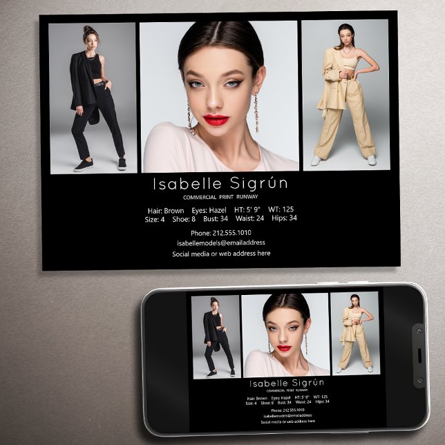 Modelo Actor 3 Foto Comp Card Plantilla 5x7 Negro (Available in high quality print or digital download for quick messaging, email or self printing.)