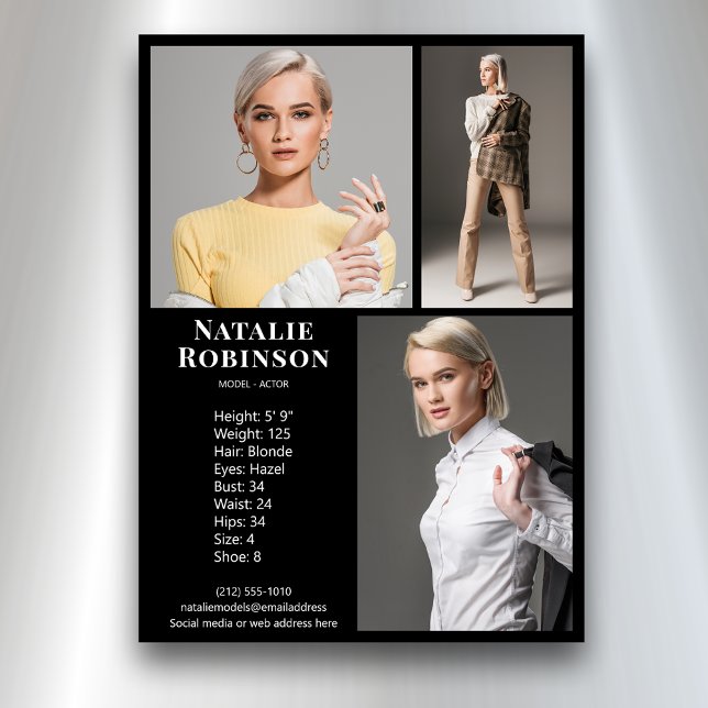 Modelo Actor 3 Photo Pro Comp Card Plantilla de ta (Available in print or instant digital download for quick messaging, email or self printing.)