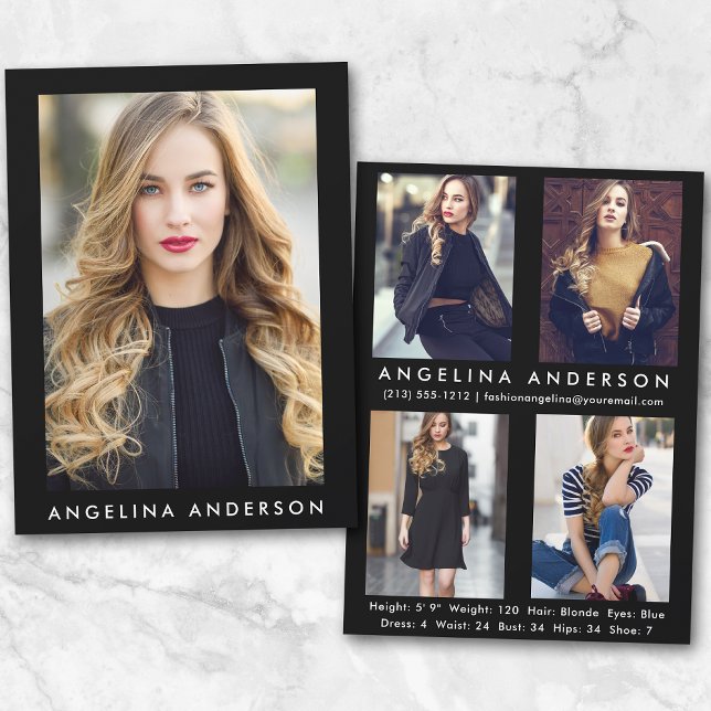 Modelo Actor Comp Card Blk - 4 Photo Back (Customize to change background color, text size or text style.)