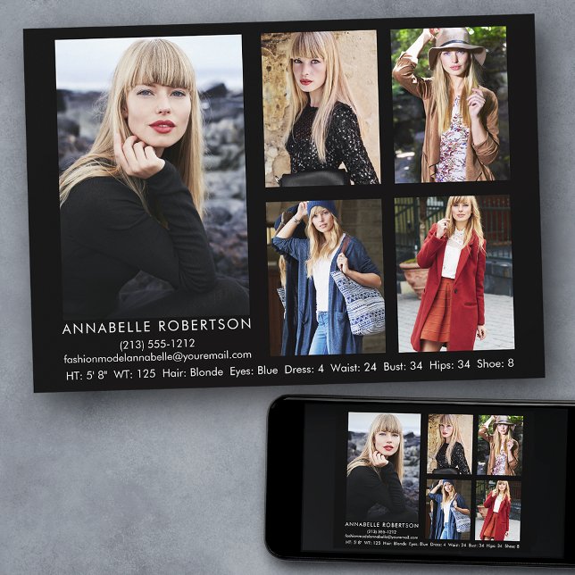 Modelo fotográfico moderno de 5 y tarjeta de comp  (Customize to change background color, text size, style or to add more photos to back of card.)