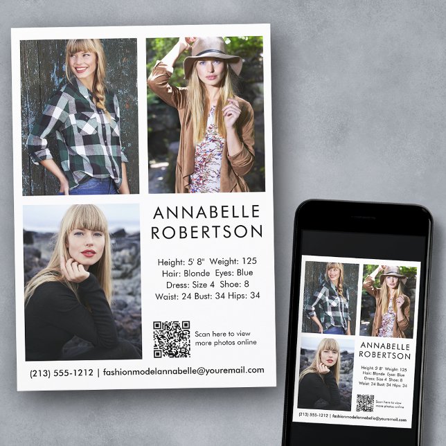 Modelo moderno Actor 3 Fotos Código QR Tarjeta Com (Customize to change background color, text size, style or to add more photos to back of card.)