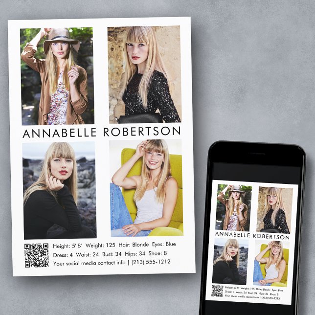 Modelo moderno Actor 4 Fotos Código QR Tarjeta Com (Customize to change background color, text size, style or to add more photos to back of card.)