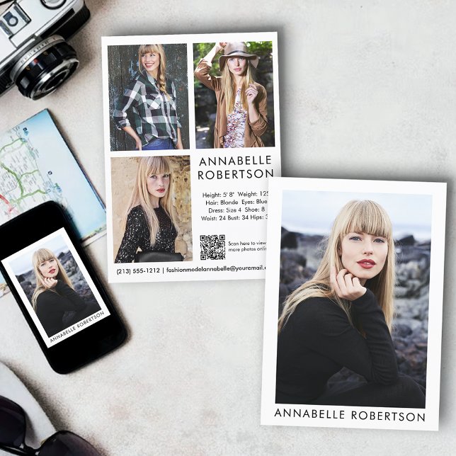 Modelo moderno Actor QR Código 4 Tarjeta Comp Foto (Customize to change background color, text size or text style. Available for prints and download.)