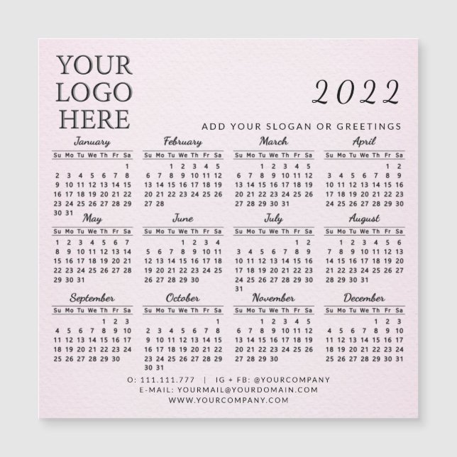 Modern 2022 Business Calendar Magnet Rubor Pink (Anverso)