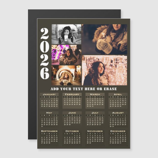 Modern 2026 Calendar 5 Photo Collage Magnet Card (Anverso/Reverso)