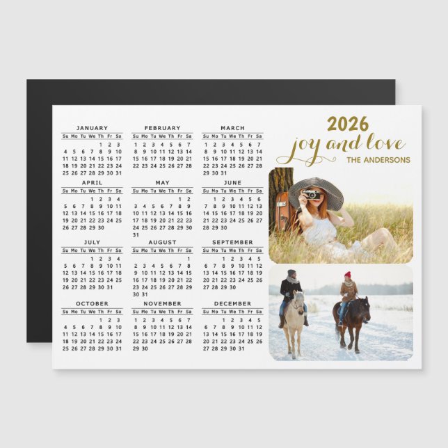Modern 2026 Photo Calendar Magnet Black White Gold (Anverso/Reverso)