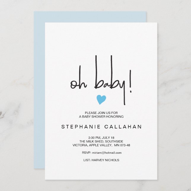 Modern Baby Boy Invitación a la ducha Motif Blue H (Anverso / Reverso)