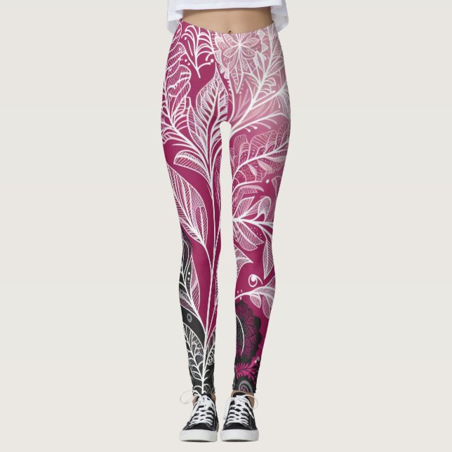 Modern Black and Pink Floral and Leaf Leggings (Anverso)