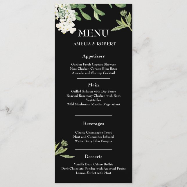 Modern Black and White Floral Wedding Menu Card (Anverso)