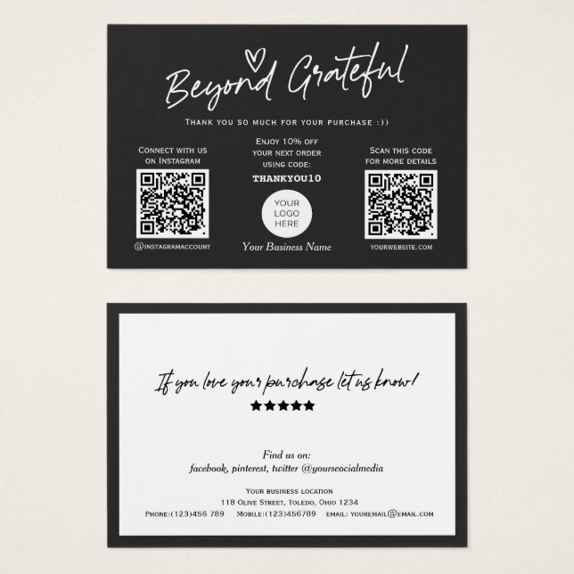 Modern black and white script QR code gift card (Anverso y reverso)