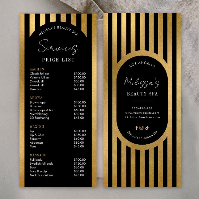 Modern Black & Gold Stripes Salon Price List Menu (Subido por el creador)