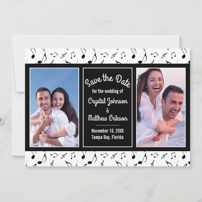 Modern Black White Music Notes Photo Save the Date (Anverso)