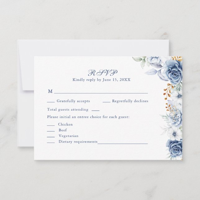 Modern Blue and Gold Floral Wedding RSVP Card (Anverso)