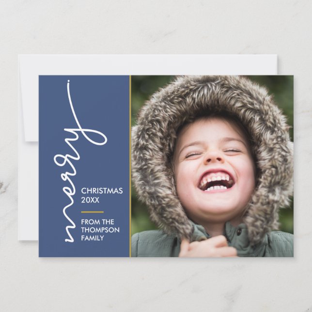 Modern blue Merry Christmas Script Photo Card (Anverso)