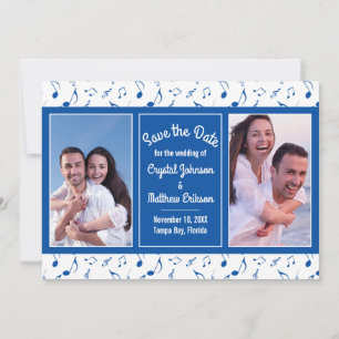 Modern Blue White Music Notes Photo Save the Date