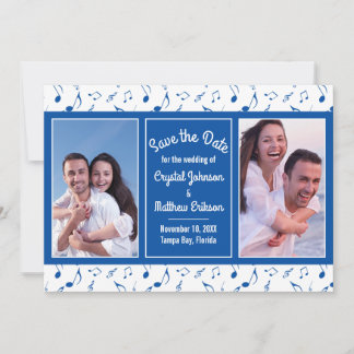 Modern Blue White Music Notes Photo Save the Date