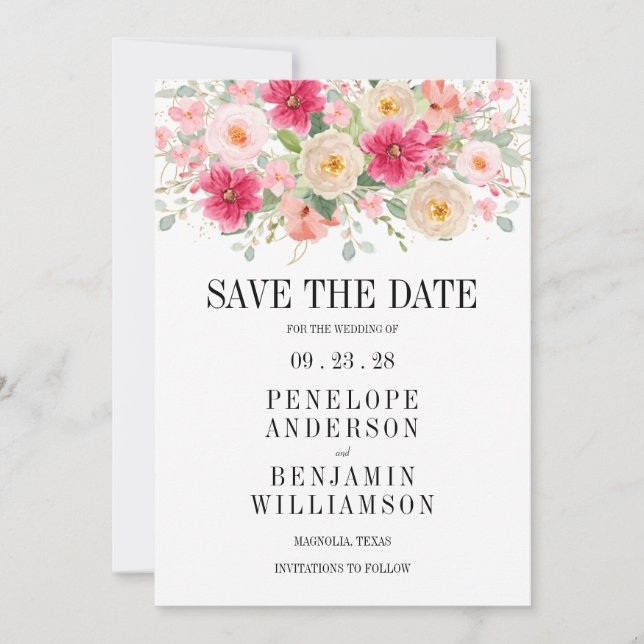 Modern Bright Pink Floral Wedding Save The Date (Anverso)