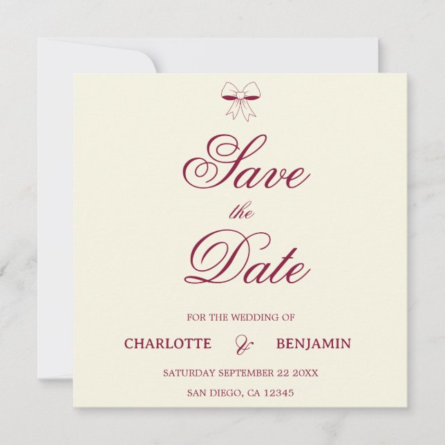 Modern Burgundy Script Ivory Bow Chic Wedding Card (Anverso)