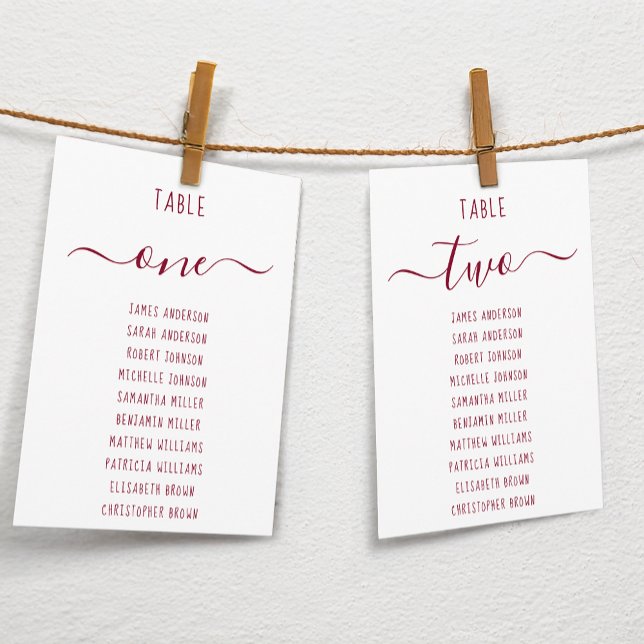 Modern Burgundy Script White Seating Chart Card (Subido por el creador)