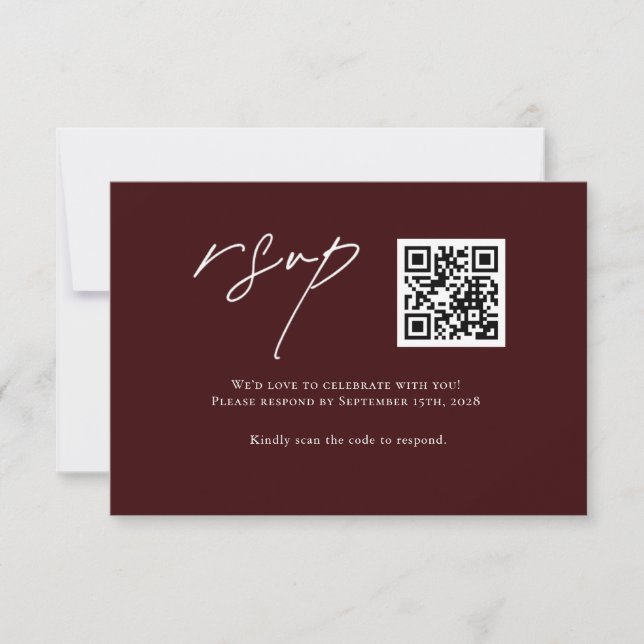 Modern Burgundy Wedding RSVP Card with QR Code (Anverso)