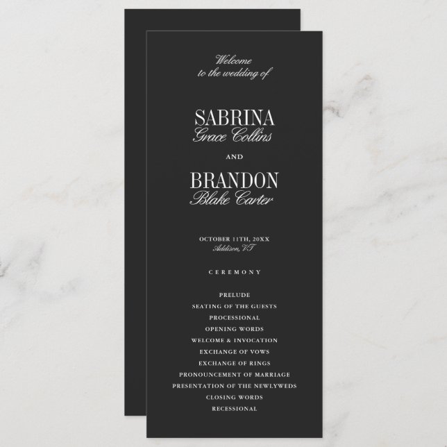 Modern Classic Black Wedding Ceremony Program (Anverso / Reverso)
