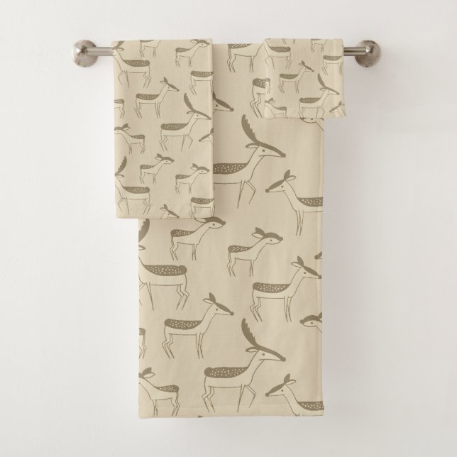 Modern Deer Illustration Beige Pattern Bath Towel  (In situ)
