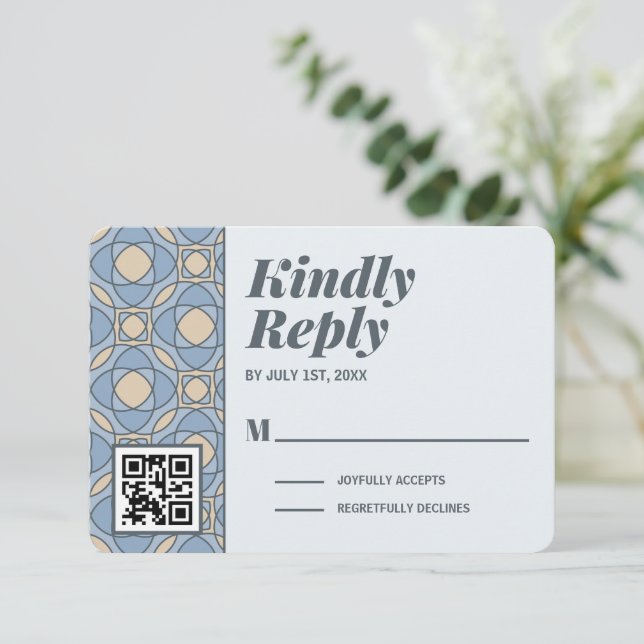 Modern Dusty Blue Art Deco RSVP Card QR Code (Anverso de pie)