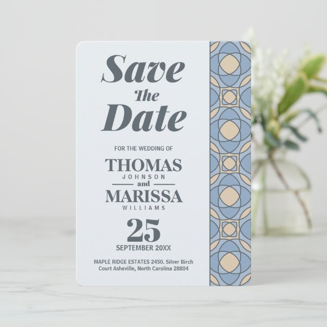 Modern Dusty Blue Art Deco Save the Date QR Code (Anverso de pie)