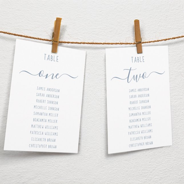 Modern Dusty Blue Script White Seating Chart Card (Subido por el creador)
