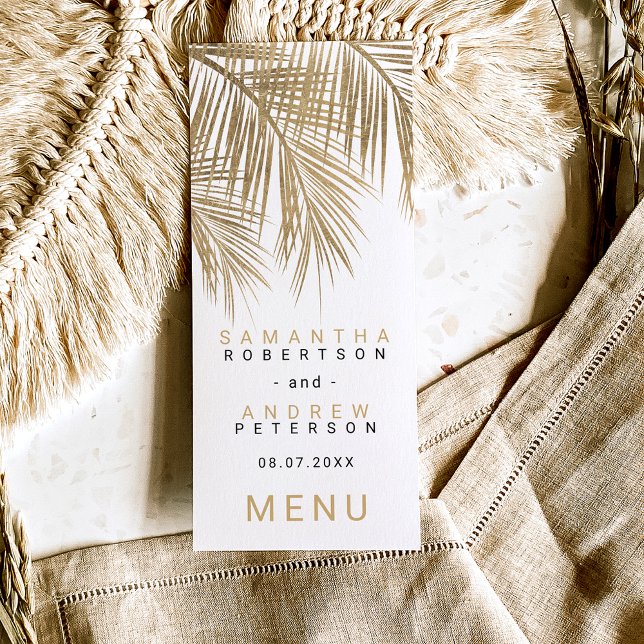 Modern faux gold palm tree elegant wedding menu (Subido por el creador)