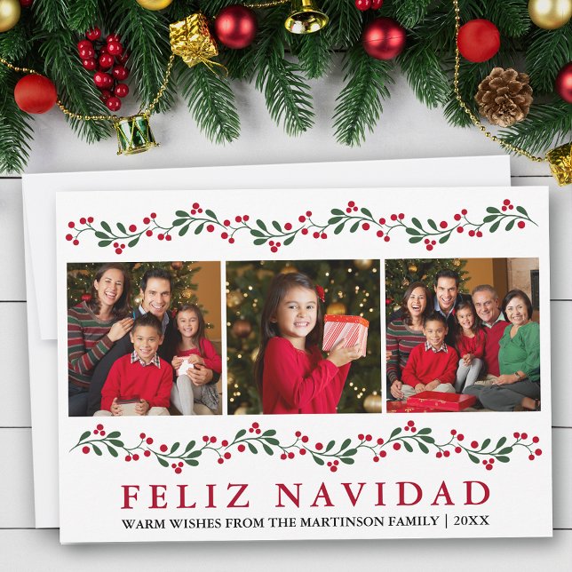 Modern Feliz Navidad Greenery Berries 3 Photo (Customize to change text size, text style or text color.)