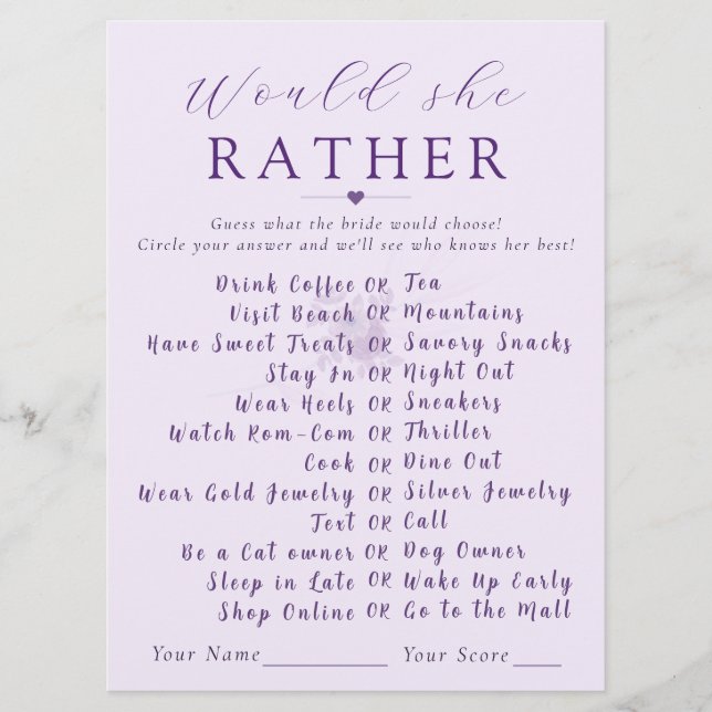 Modern Floral Would She Rather Bridal Shower Game  (Anverso)