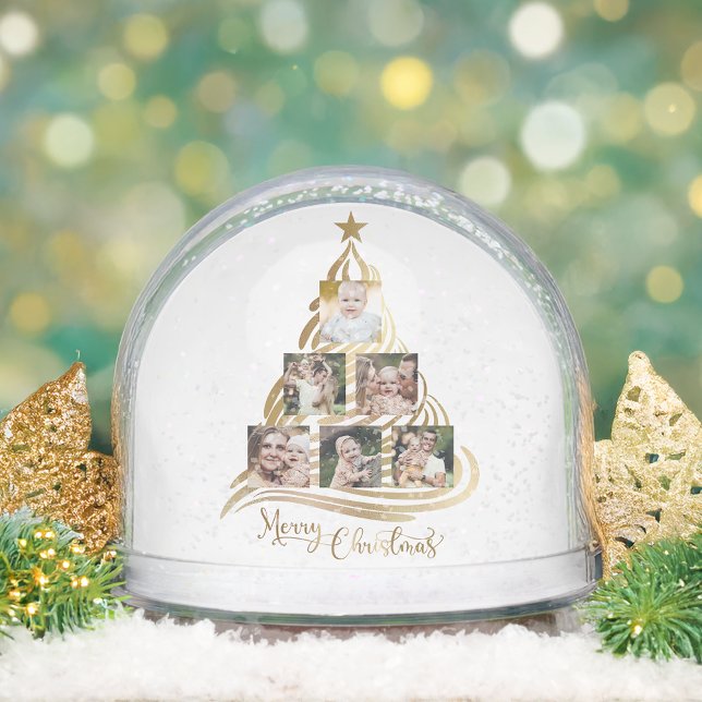 Modern Gold Christmas Tree Family Photo Snow Globe (Subido por el creador)