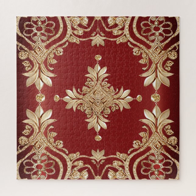 Modern Gold Red Floral Jigsaw Puzzle