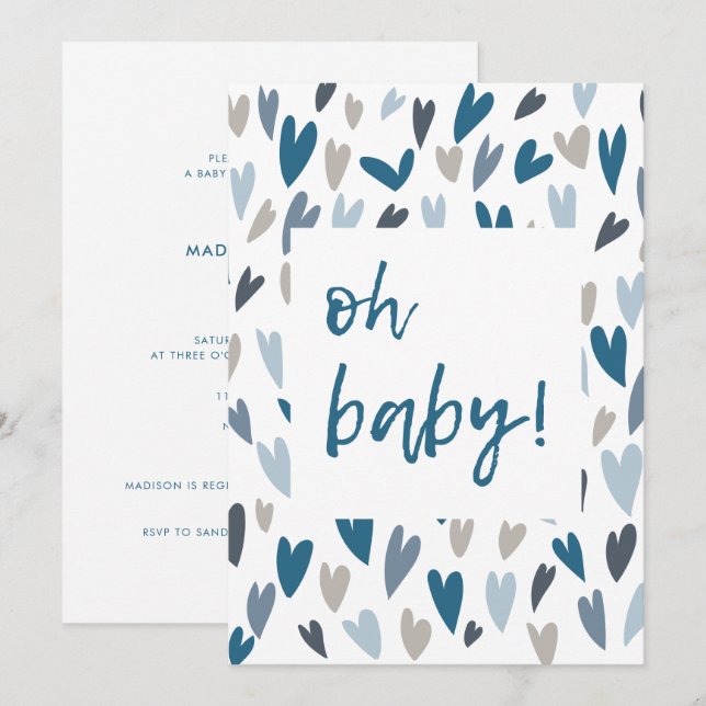 Modern Hearts Blue Boy Oh Invitación Baby Shower (Anverso / Reverso)