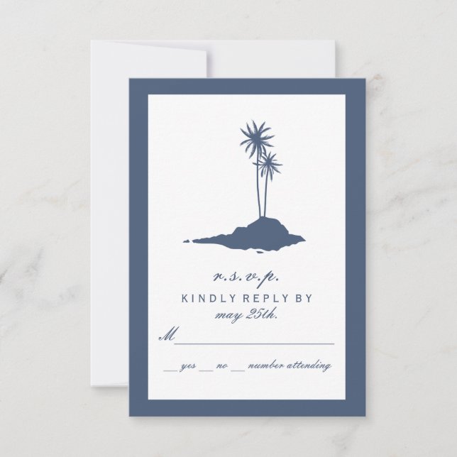 Modern Island Beach Wedding RSVP - Azul oscuro (Anverso)