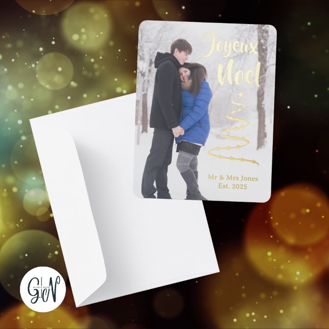 Modern Joyeux Noel  (A gorgeous and elegant customizable photo Christmas card with gold foil design and text)