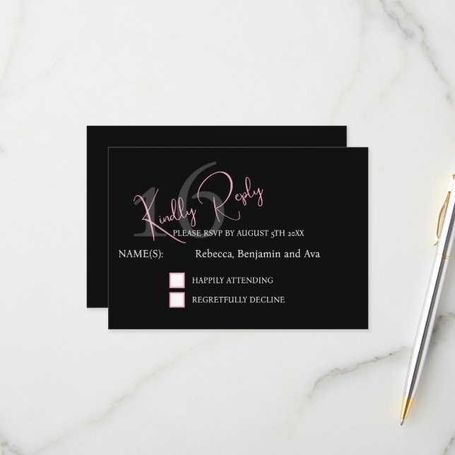Modern Minimalist 16th RSVP Black Pink Birthday (Anverso/Reverso In Situ)