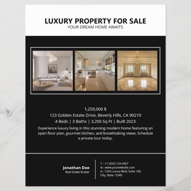 Modern Minimalist Black Real Estate Property Flyer (Frente)