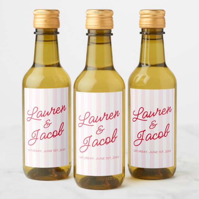 Modern Minimalist Red Pink Stripes Wedding Mini (Botellas)