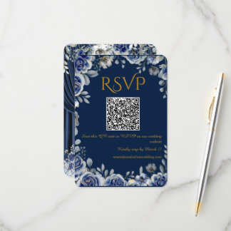 Modern Navy Blue and Gold QR Code Wedding RSVP Car