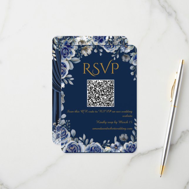 Modern Navy Blue and Gold QR Code Wedding RSVP Car (Anverso/Reverso In Situ)