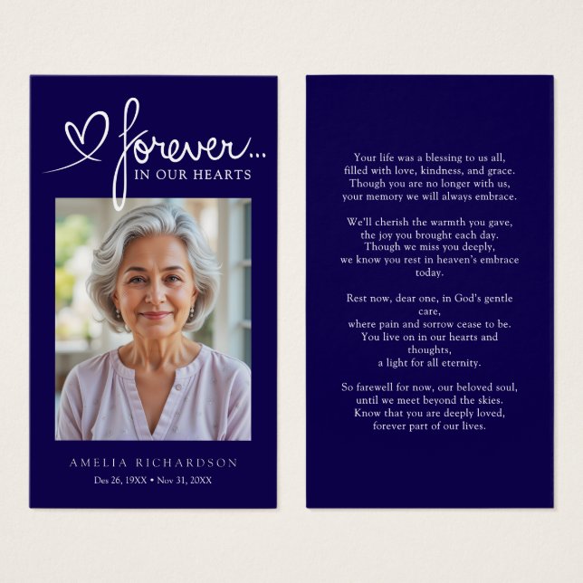 Modern Navy Blue Memorial Prayer Photo Card (Anverso y reverso)