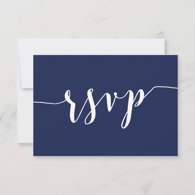 Modern Navy Blue Script Wedding RSVP Card (Reverso)
