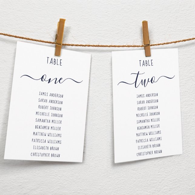 Modern  Navy Blue Script White Seating Chart Card (Subido por el creador)