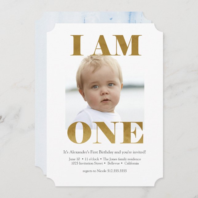 Modern Pale Blue + Oro Invitaciones de primer cump (Anverso / Reverso)