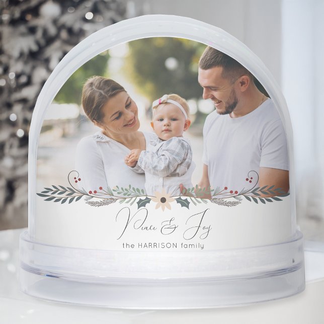 Modern Peace & Joy Floral Photo Snow Globe (Subido por el creador)