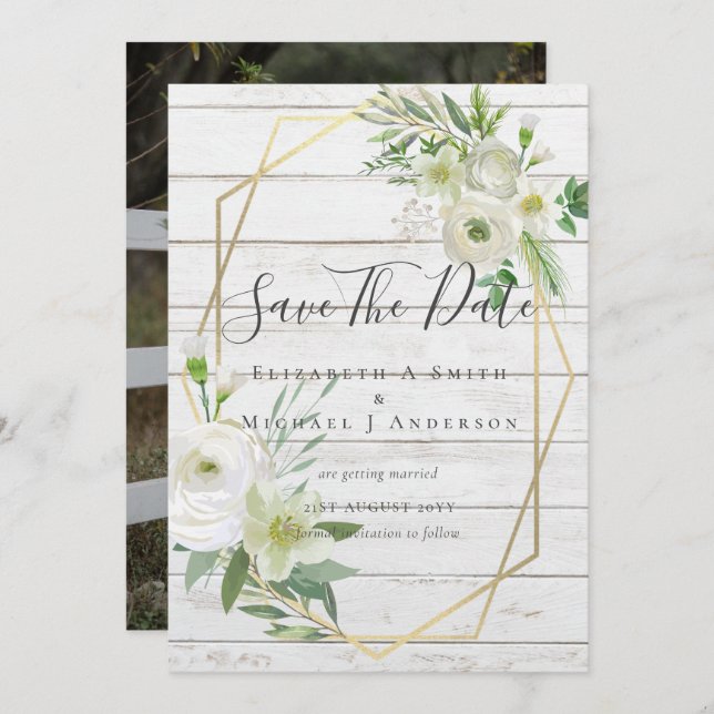 Modern Photo Save Dates White Floral Greenery Leaf (Anverso / Reverso)