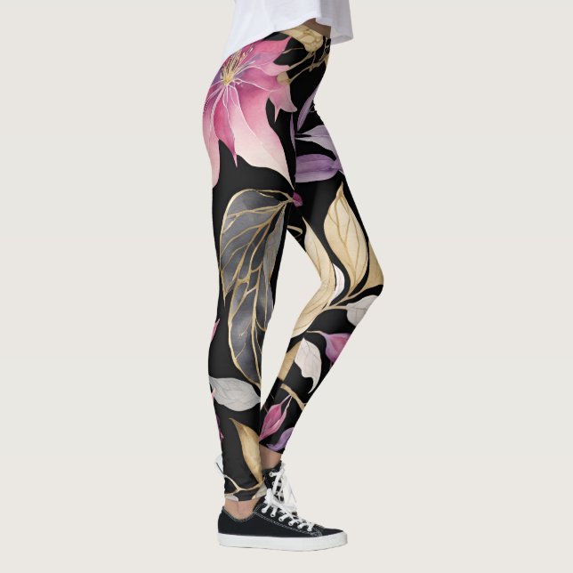 Modern Pink, Black and Gold Floral Leggings (Derecha)
